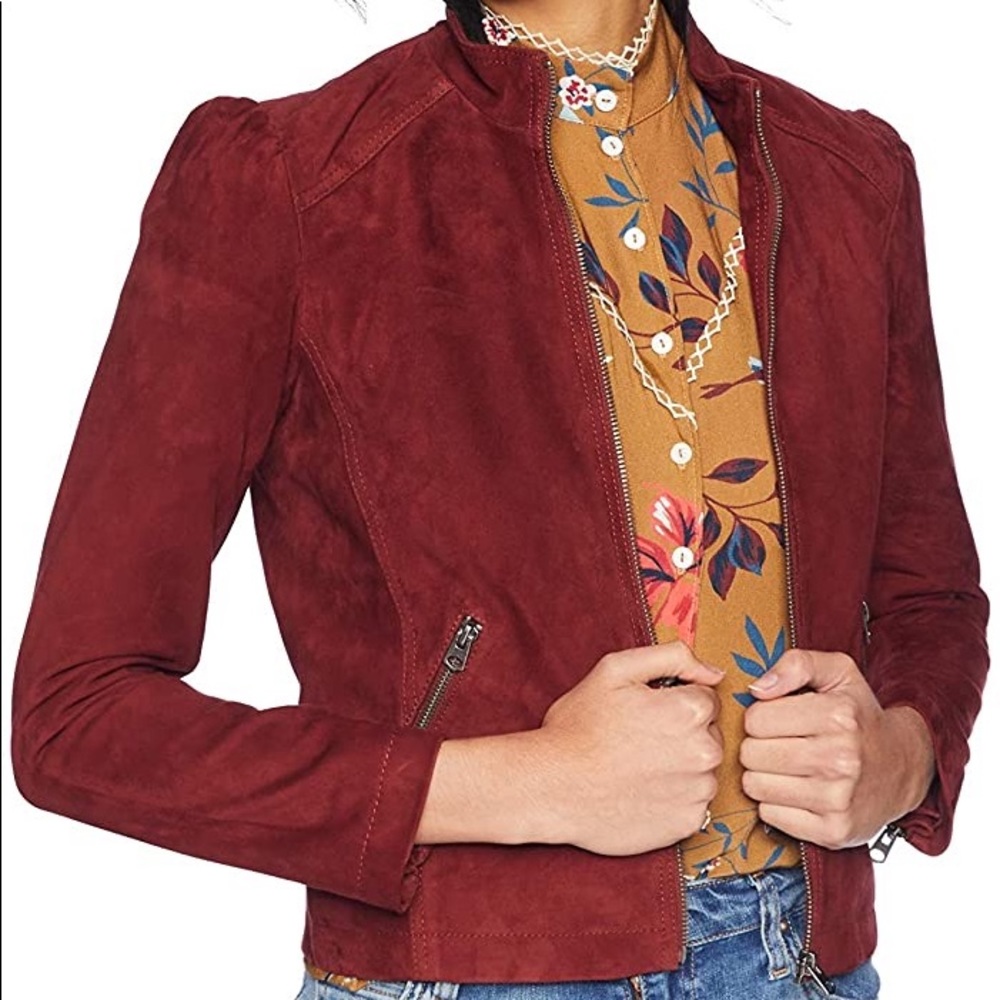 Lucky Brand Suede Puff Sleeve Cropped Moto Jacket